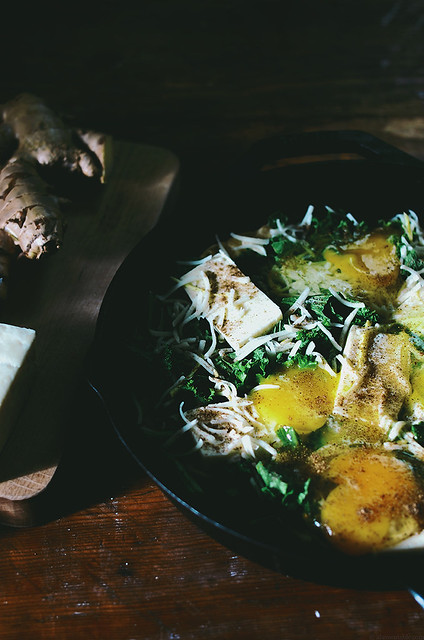 breakfast naan skillet pizza with mustard greens and paneer | A Brown Table