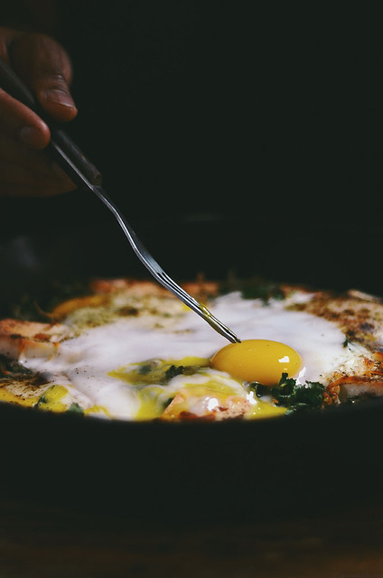 breakfast naan skillet pizza with mustard greens and paneer | A Brown Table