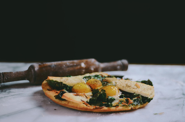 breakfast naan skillet pizza with mustard greens and paneer | A Brown Table