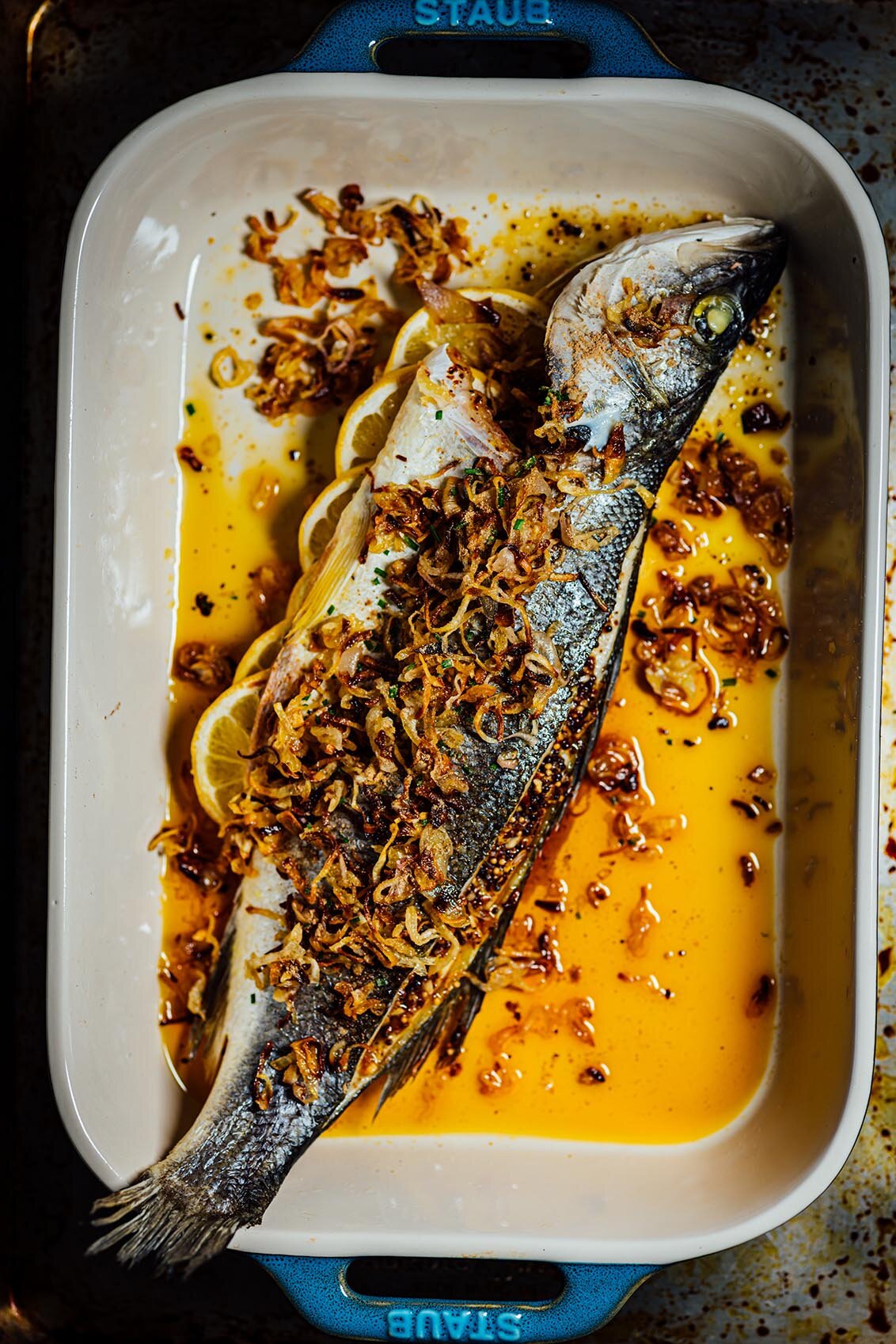 baked branzino in mustard oil | Nik Sharma
