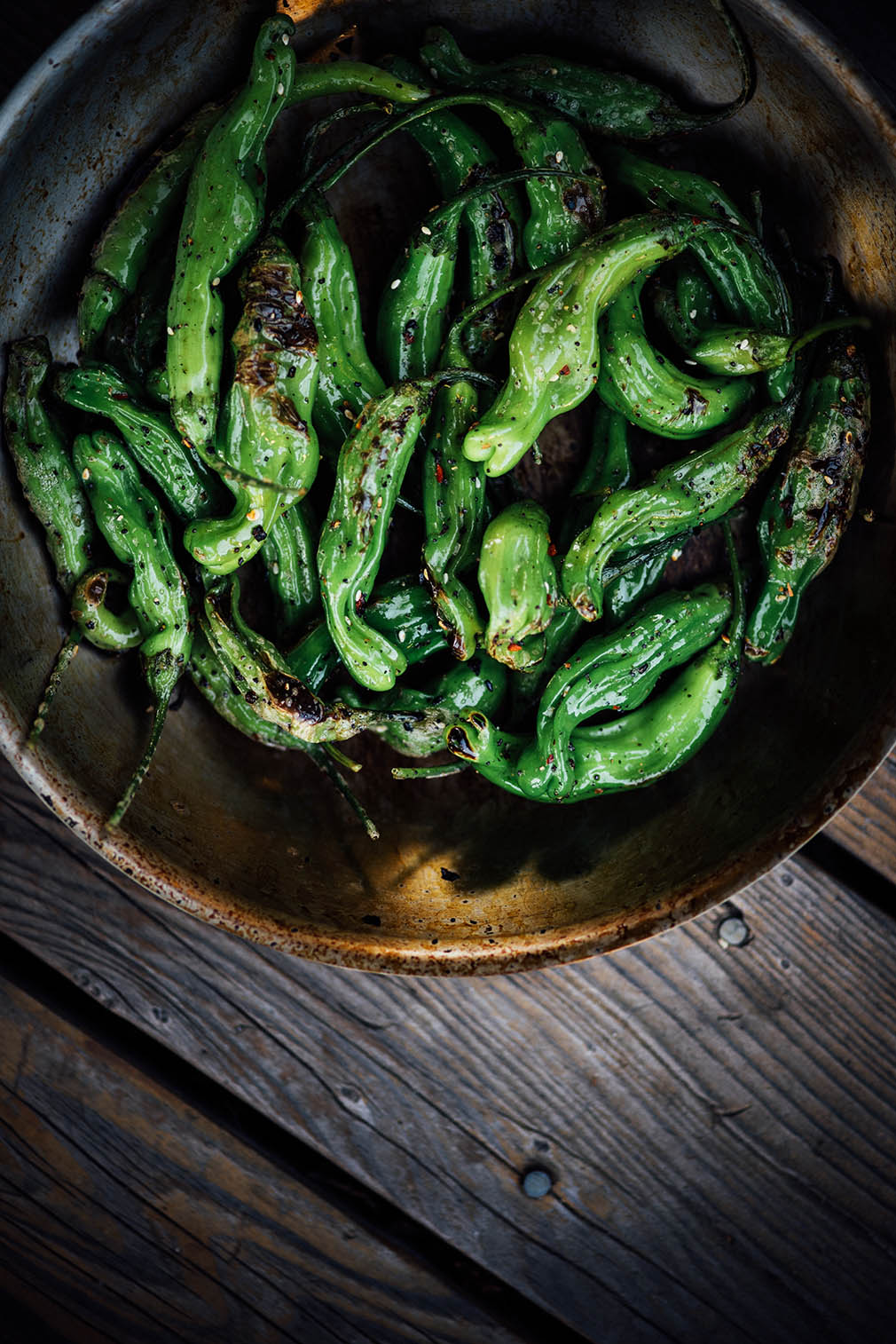 blistered shishito peppers with shichimi togarashi | A Brown Table
