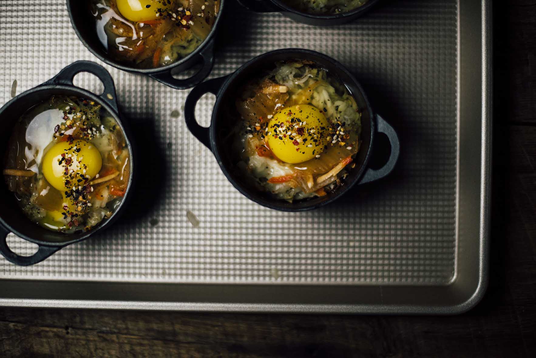 easy baked eggs with shichimi togarashi and kimchi |A Brown Table