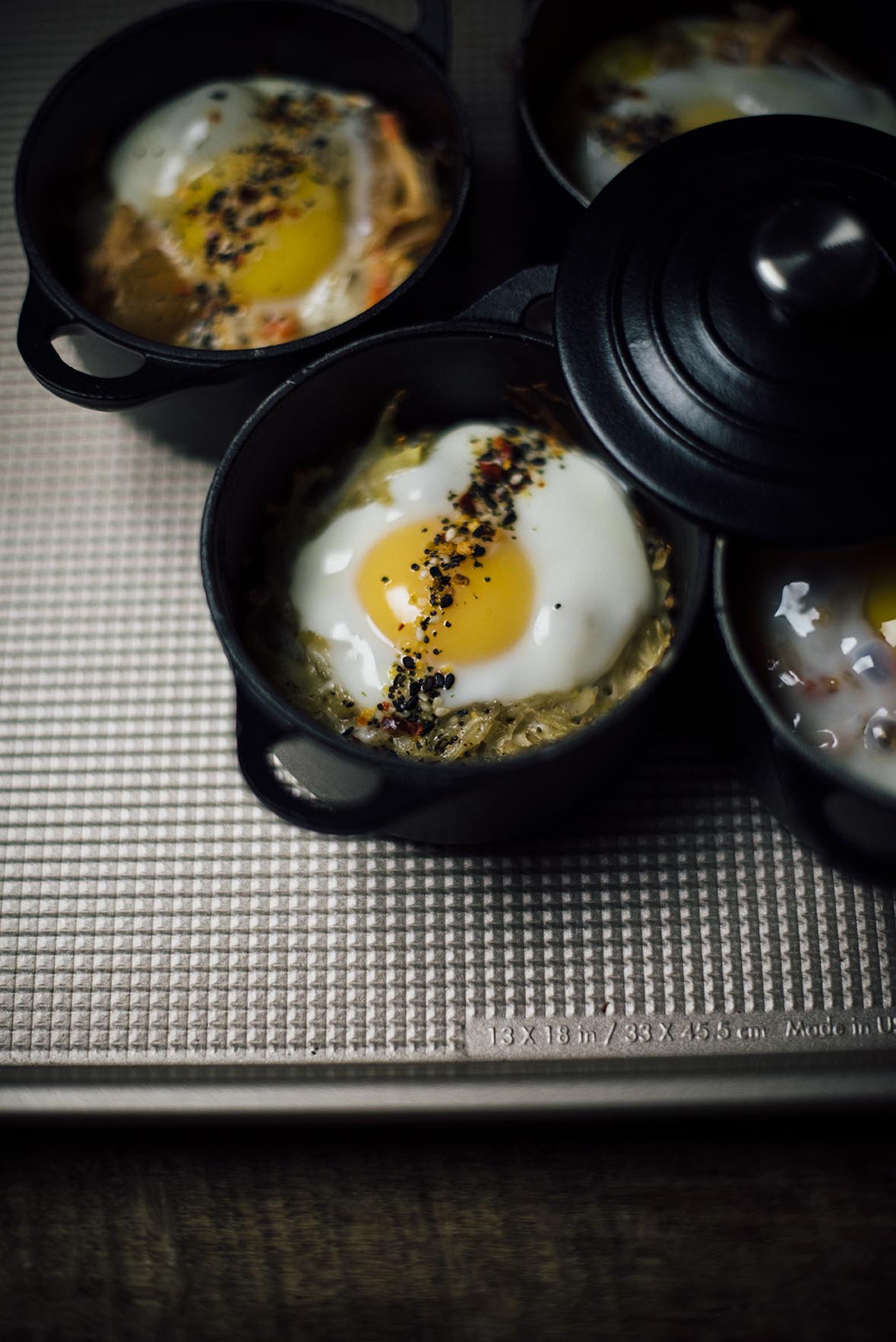 easy baked eggs with shichimi togarashi and kimchi |A Brown Table