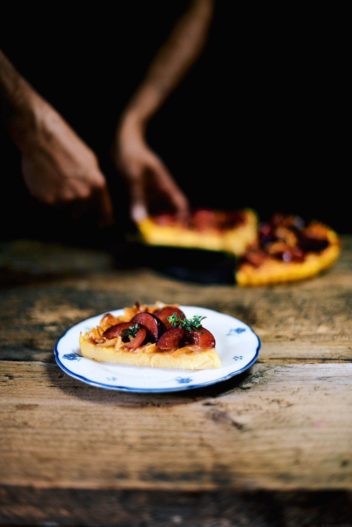 almond polenta tart with sherried plum compote | A Brown Table