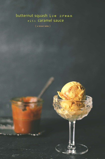 Butternut squash ice cream with caramel sauce