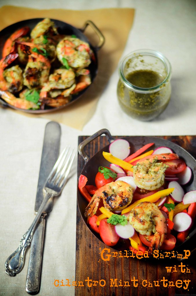 Grilled shrimp with Cilantro Mint Chutney