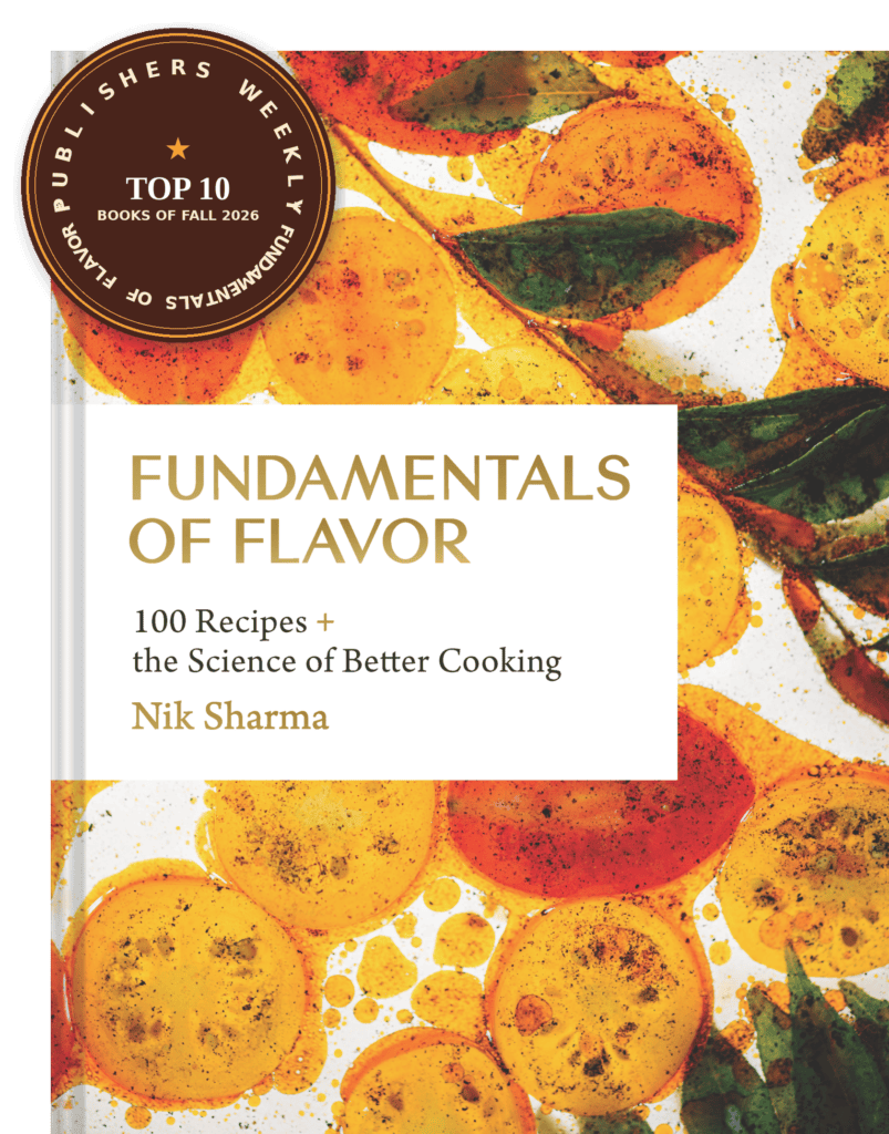 Fundamentals of Flavor cookbook cover by Nik Sharma, with a Publishers Weekly Top 10 Books of Fall 2026 medallion
