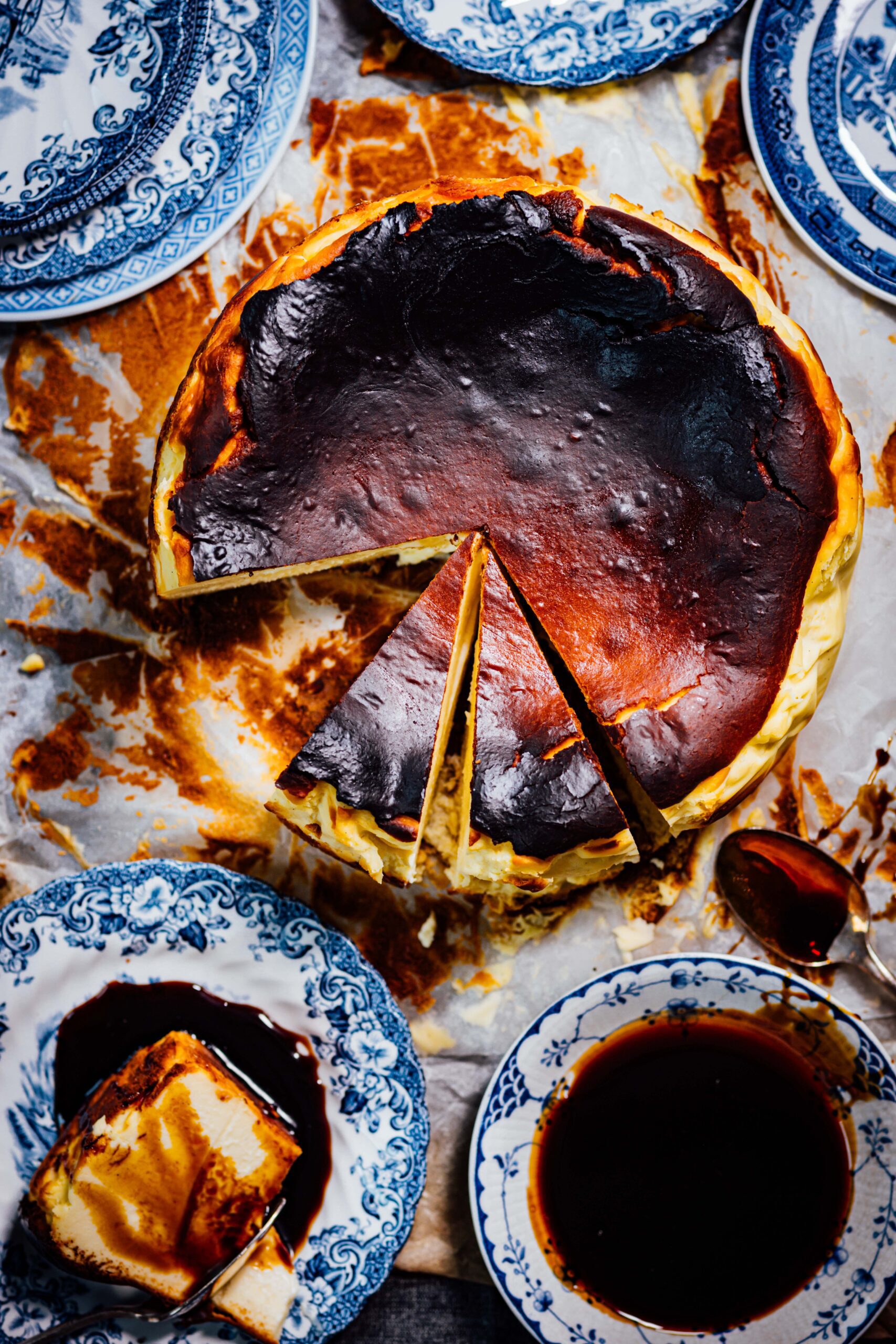 Basque cheesecake with a caramelized top and salted date caramel