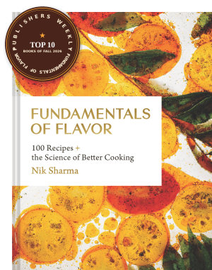 Fundamentals of Flavor cookbook cover by Nik Sharma, with a Publishers Weekly Top 10 Books of Fall 2026 medallion